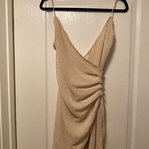 Tan Gold Ruched Wrap Cocktail Dress